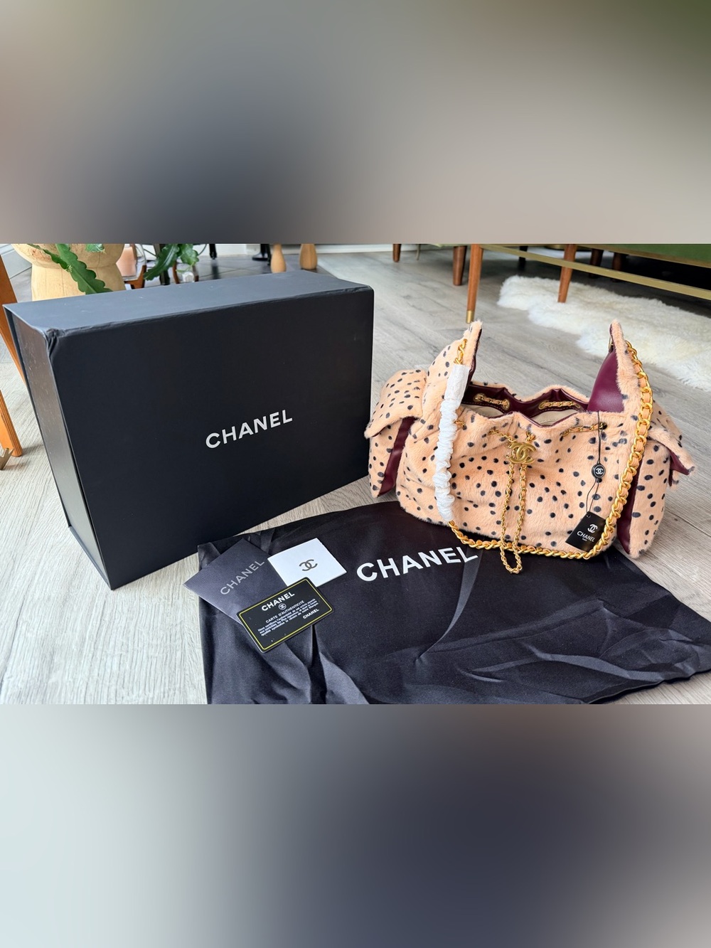 FULL SET NEW Source Unknown Chanel Pony Hair Mini 25 Cheetah Polka Dot Print Bag - Picture 2 of 16